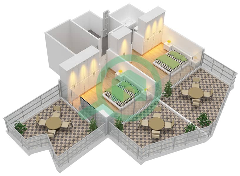 المخططات الطابقية لتصميم الوحدة 109 شقة 3 غرف نوم - بن غاطي فيوز Upper Floor interactive3D