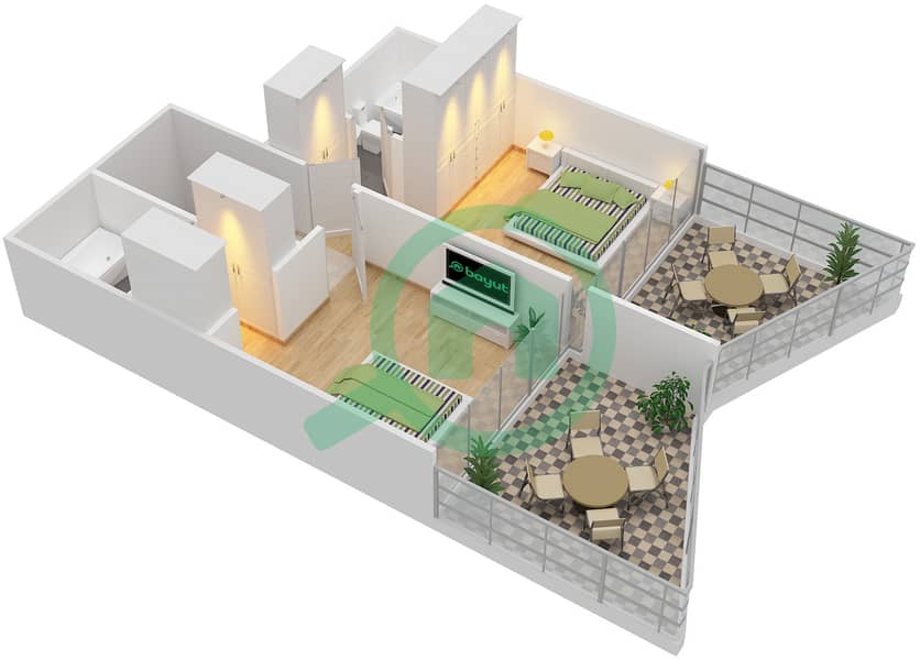 المخططات الطابقية لتصميم الوحدة 110 شقة 2 غرفة نوم - بن غاطي فيوز Upper Floor interactive3D
