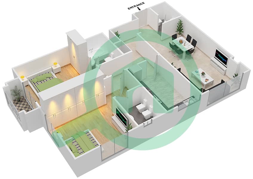 المخططات الطابقية لتصميم النموذج C شقة 2 غرفة نوم - بناية نارسيسوس interactive3D