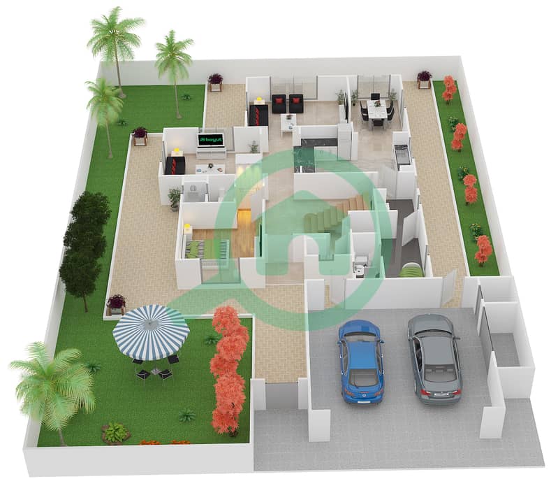المخططات الطابقية لتصميم النموذج C3 فیلا 4 غرف نوم - فيكتوري هايتس Ground Floor interactive3D