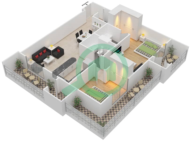 المخططات الطابقية لتصميم النموذج D-2 شقة 2 غرفة نوم - برج ذا دايموند interactive3D
