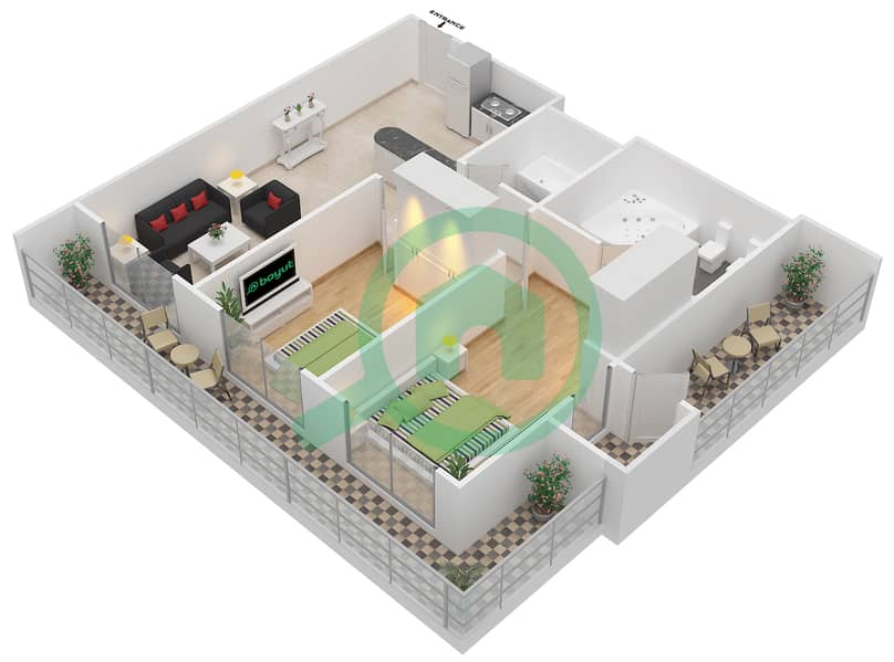 المخططات الطابقية لتصميم النموذج C-2 شقة 2 غرفة نوم - برج ذا دايموند interactive3D