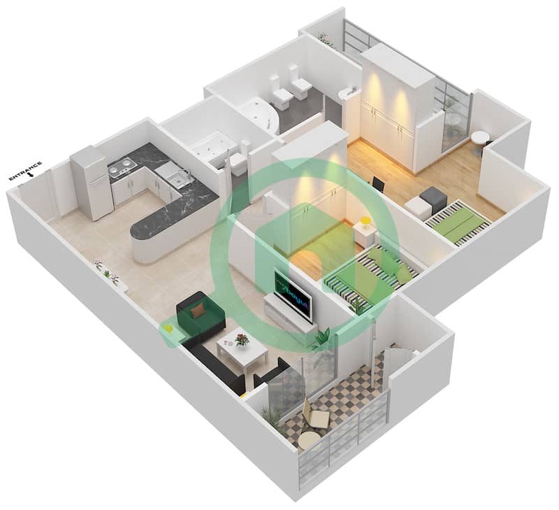 المخططات الطابقية لتصميم النموذج A-2 شقة 2 غرفة نوم - برج ذا دايموند interactive3D