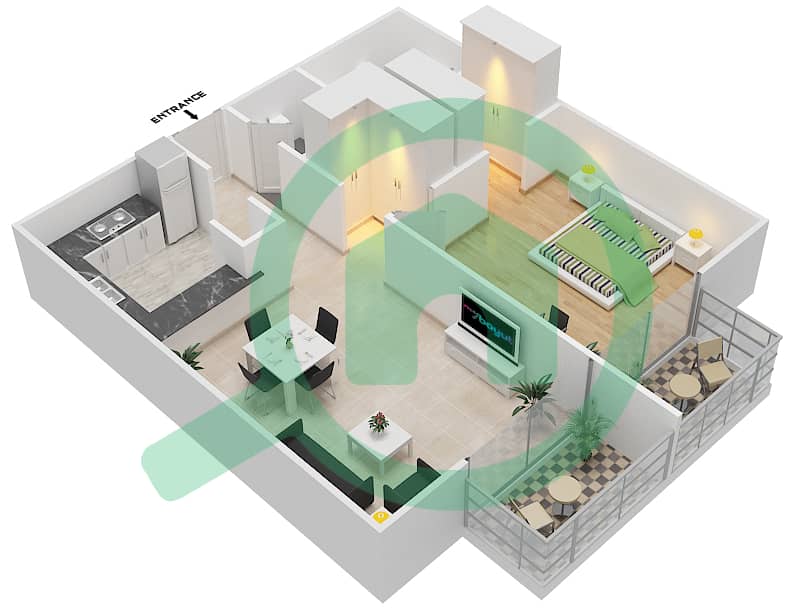 المخططات الطابقية لتصميم النموذج B شقة 1 غرفة نوم - أويسز هاي بارك interactive3D
