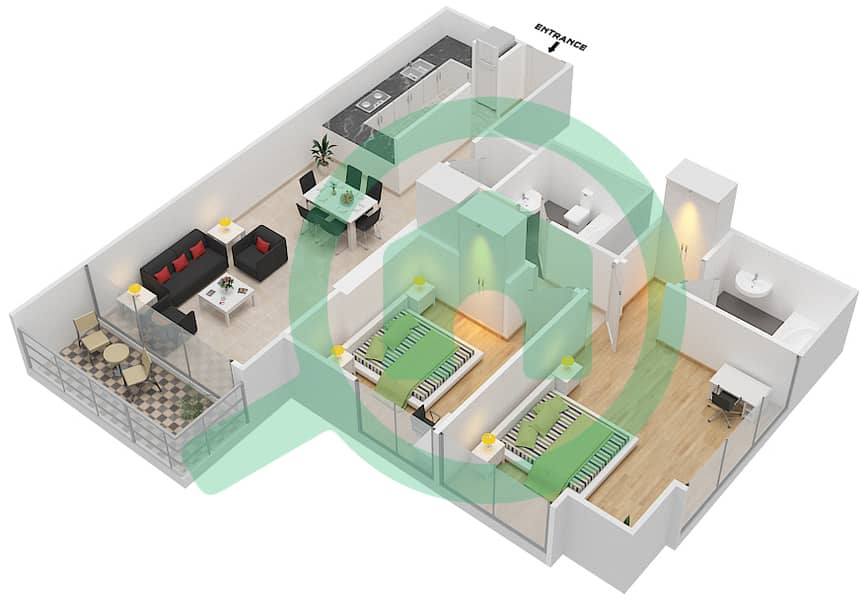 المخططات الطابقية لتصميم النموذج B شقة 2 غرفة نوم - أويسز هاي بارك interactive3D