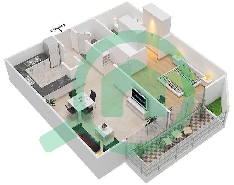 المخططات الطابقية لتصميم النموذج A شقة 1 غرفة نوم - أويسز هاي بارك interactive3D