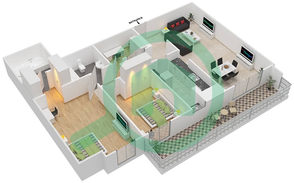 المخططات الطابقية لتصميم النموذج A شقة 2 غرفة نوم - أويسز هاي بارك interactive3D
