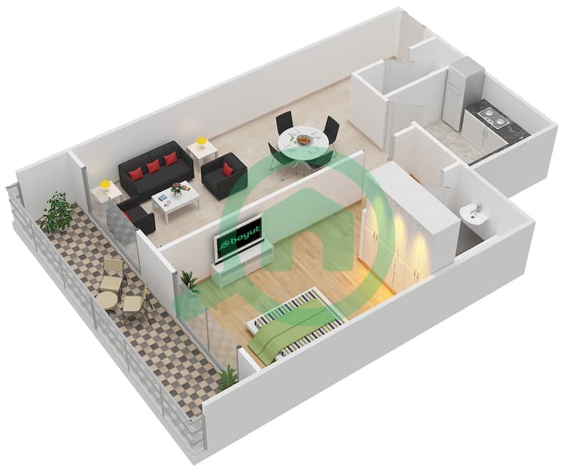 المخططات الطابقية لتصميم النموذج / الوحدة A/1,20 شقة 1 غرفة نوم - روبي ریزیدنس interactive3D