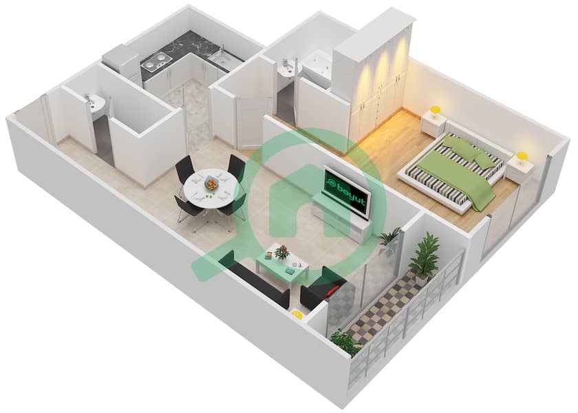 المخططات الطابقية لتصميم النموذج / الوحدة C/3,18 شقة 1 غرفة نوم - روبي ریزیدنس interactive3D