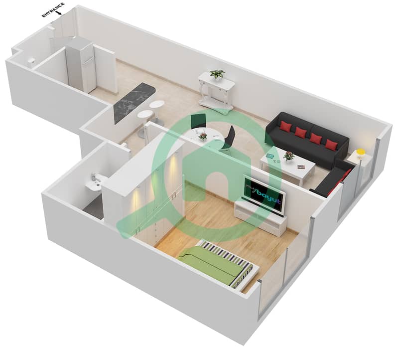 المخططات الطابقية لتصميم النموذج / الوحدة E/305 شقة 1 غرفة نوم - برج فرانكفورت الرياضي interactive3D