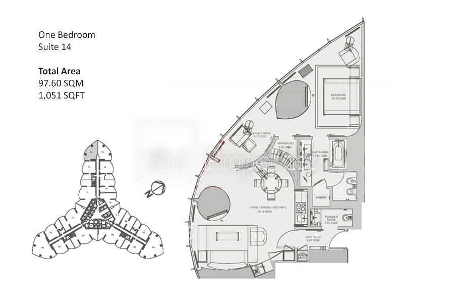 21 ARMANI Furnished Corner 1BR+Study Opera View