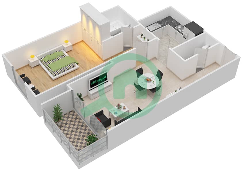红宝石公馆 - 1 卧室公寓类型／单位H/8戶型图 interactive3D