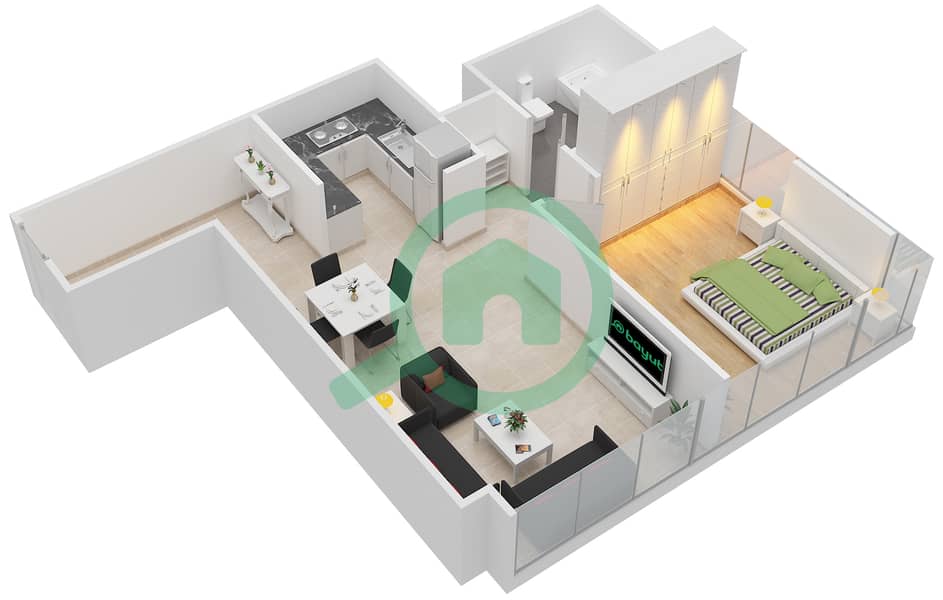 Руби Резиденс - Апартамент 1 Спальня планировка Тип/мера M/4,14 interactive3D