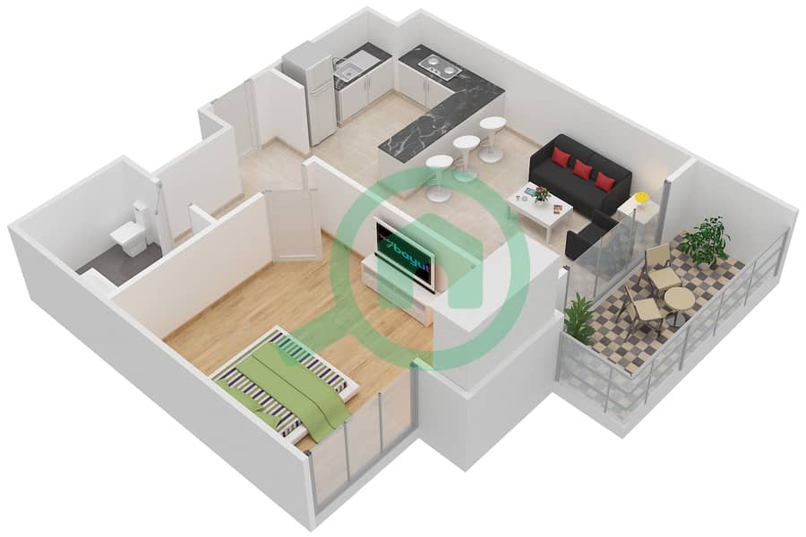 المخططات الطابقية لتصميم النموذج / الوحدة F/6,16 شقة 1 غرفة نوم - روبي ریزیدنس interactive3D