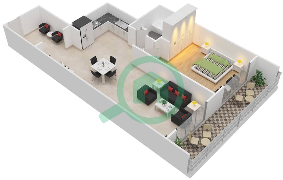 المخططات الطابقية لتصميم النموذج / الوحدة J/10-11 شقة 1 غرفة نوم - روبي ریزیدنس interactive3D