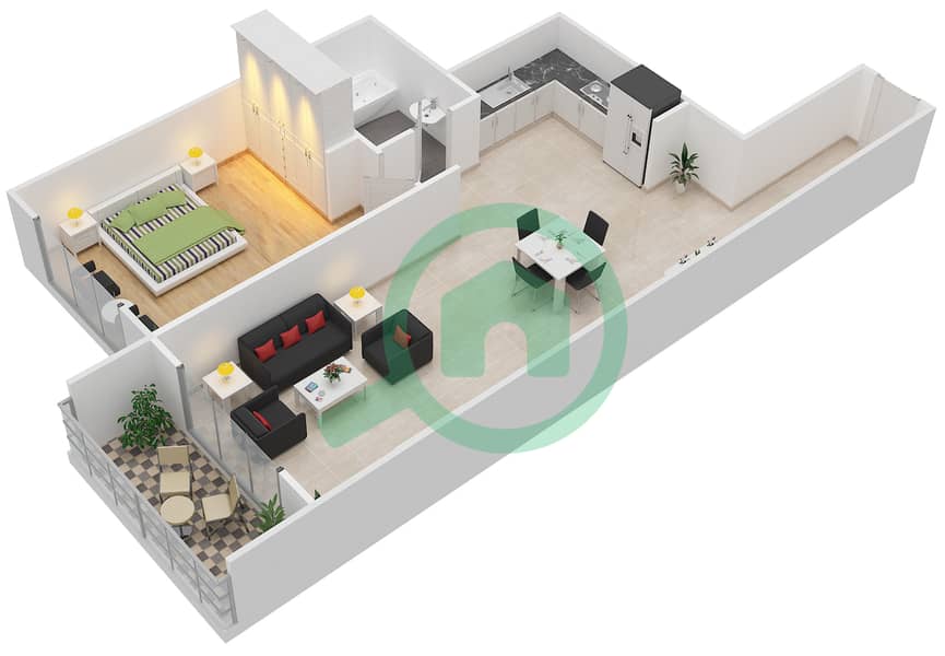 المخططات الطابقية لتصميم النموذج / الوحدة K/12 شقة 1 غرفة نوم - روبي ریزیدنس interactive3D