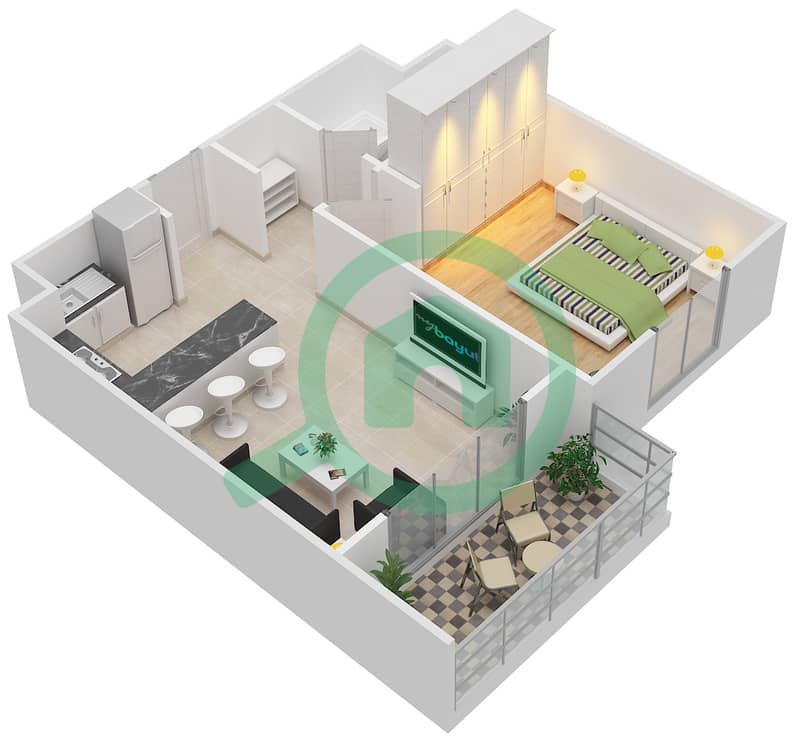المخططات الطابقية لتصميم النموذج / الوحدة E/-5,15 شقة 1 غرفة نوم - روبي ریزیدنس interactive3D