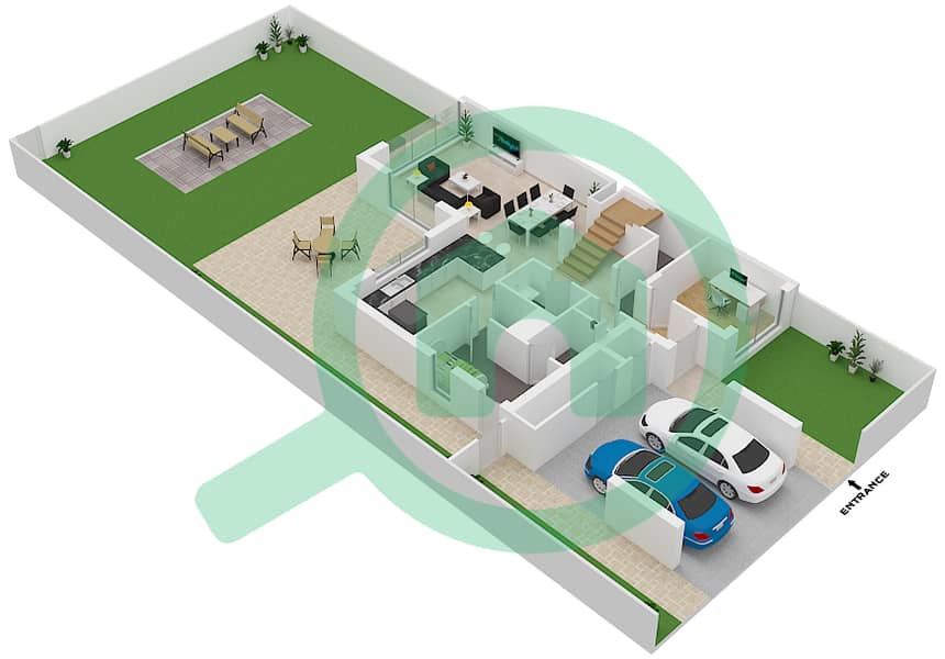 المخططات الطابقية لتصميم النموذج 3Y تاون هاوس 3 غرف نوم - ياس ايكرز Ground Floor interactive3D