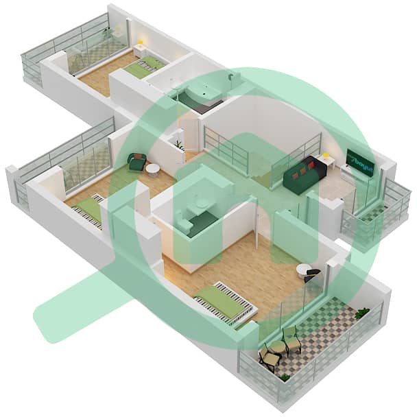 المخططات الطابقية لتصميم النموذج 3Y تاون هاوس 3 غرف نوم - ياس ايكرز First Floor interactive3D