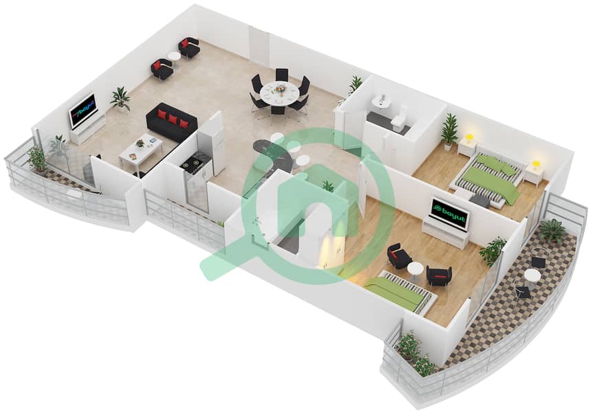 المخططات الطابقية لتصميم الوحدة 9 شقة 2 غرفة نوم - برج زينيت A1 interactive3D