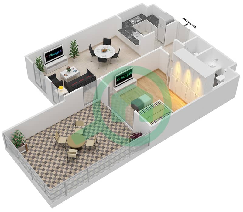 المخططات الطابقية لتصميم النموذج 1C شقة 1 غرفة نوم - مدن فيوز interactive3D