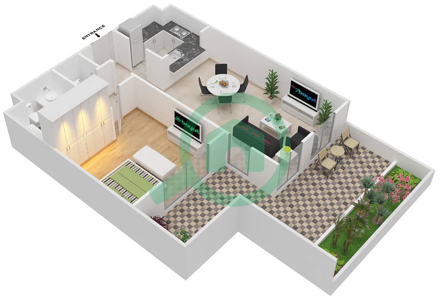 穆东城市景观社区 - 1 卧室公寓类型1D戶型图 interactive3D