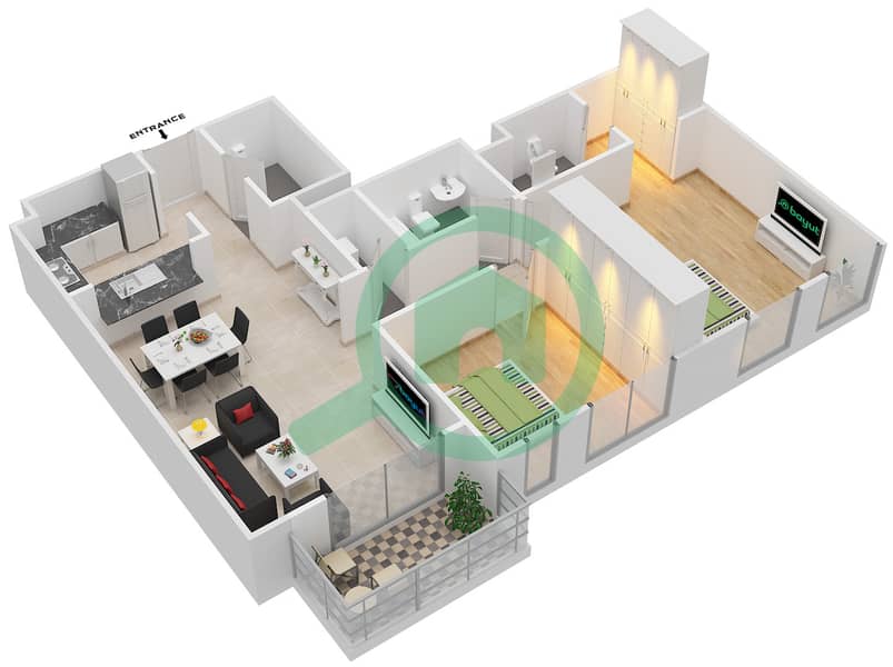 المخططات الطابقية لتصميم النموذج 2 شقة 2 غرفة نوم - مدن فيوز interactive3D