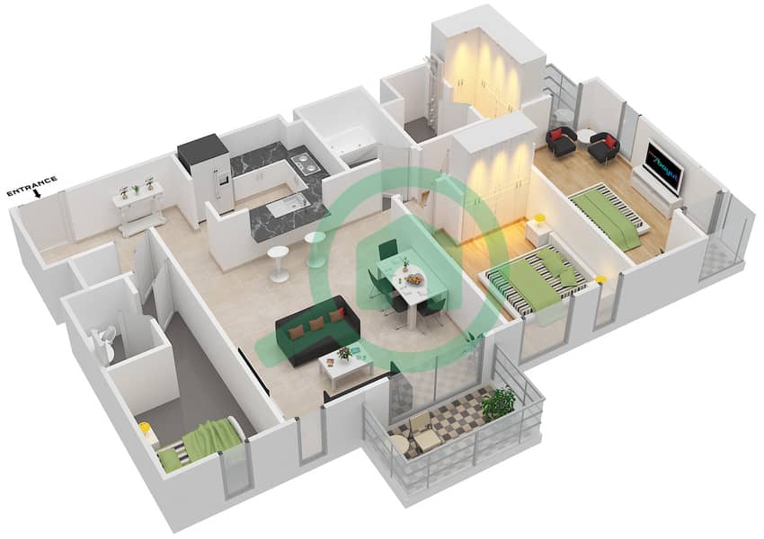 المخططات الطابقية لتصميم النموذج 5 شقة 2 غرفة نوم - مدن فيوز interactive3D
