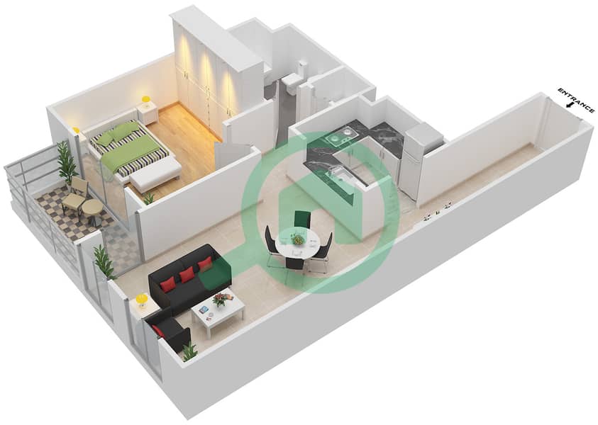 المخططات الطابقية لتصميم النموذج 4 شقة 1 غرفة نوم - مدن فيوز interactive3D