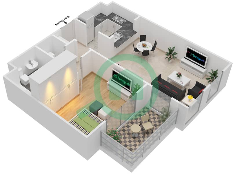 穆东城市景观社区 - 1 卧室公寓类型3戶型图 interactive3D