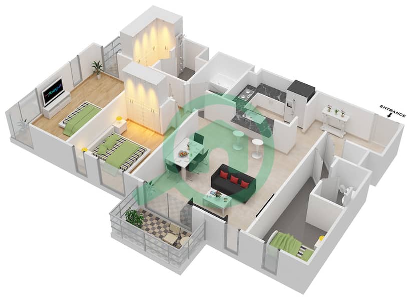 Mudon Views - 2 Bedroom Apartment Type 3 Floor plan interactive3D