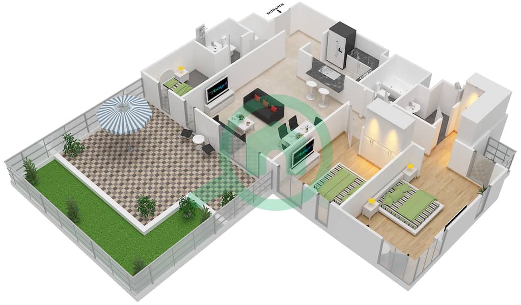 المخططات الطابقية لتصميم النموذج 4B شقة 2 غرفة نوم - مدن فيوز interactive3D