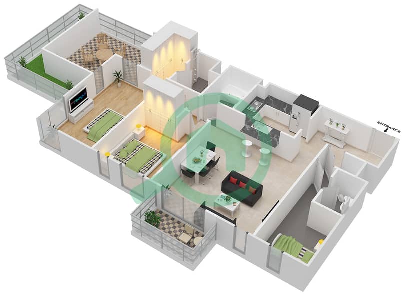 المخططات الطابقية لتصميم النموذج 3A شقة 2 غرفة نوم - مدن فيوز interactive3D