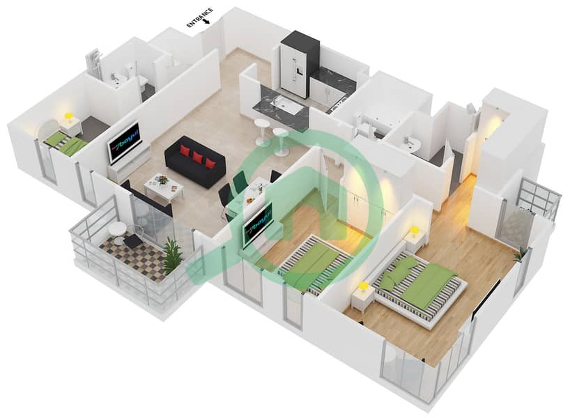 المخططات الطابقية لتصميم النموذج 4 شقة 2 غرفة نوم - مدن فيوز interactive3D