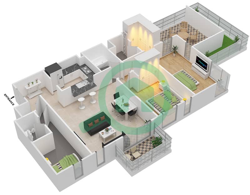 المخططات الطابقية لتصميم النموذج 4A شقة 2 غرفة نوم - مدن فيوز interactive3D