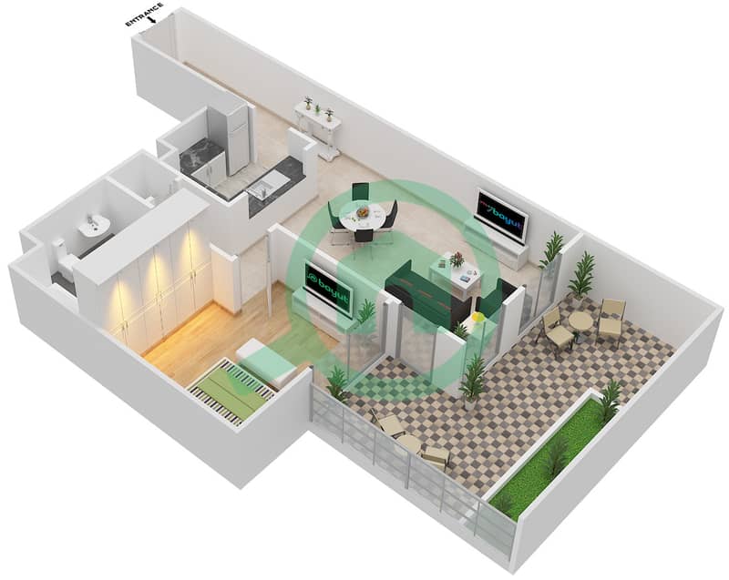 المخططات الطابقية لتصميم النموذج 4A شقة 1 غرفة نوم - مدن فيوز interactive3D