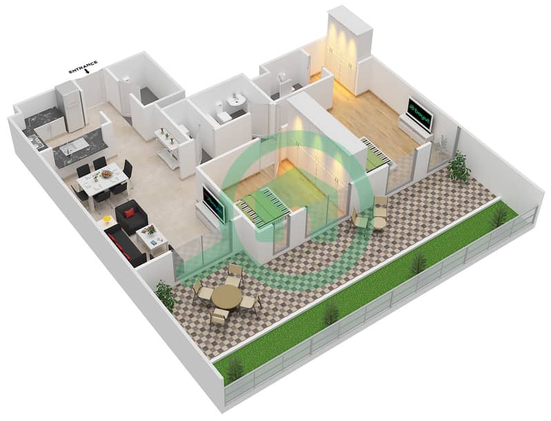 المخططات الطابقية لتصميم النموذج 2A شقة 2 غرفة نوم - مدن فيوز interactive3D