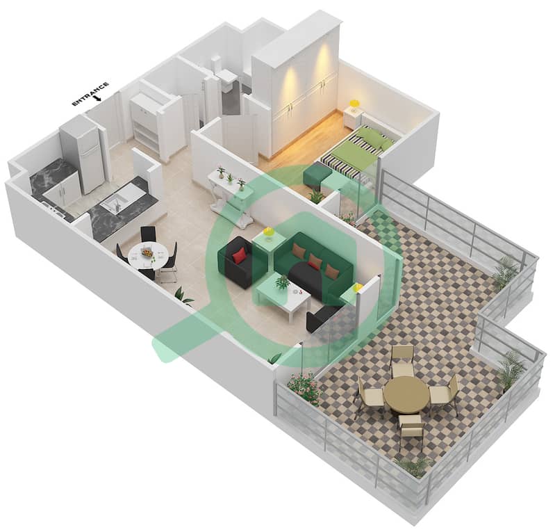 المخططات الطابقية لتصميم النموذج 2A شقة 1 غرفة نوم - مدن فيوز interactive3D