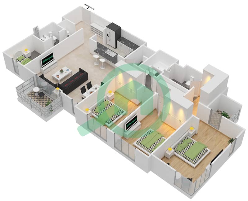 穆东城市景观社区 - 3 卧室公寓类型2戶型图 interactive3D