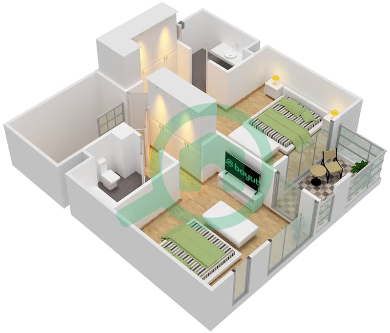 穆东城市景观社区 - 2 卧室公寓类型2 DUPLEX戶型图 First Floor interactive3D