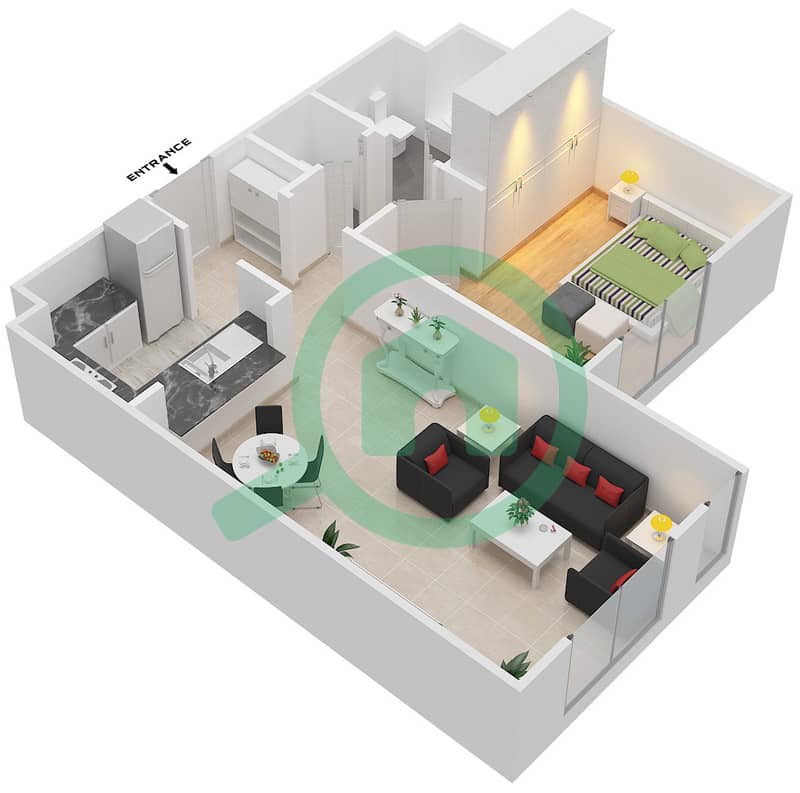 المخططات الطابقية لتصميم النموذج 2 شقة 1 غرفة نوم - مدن فيوز interactive3D