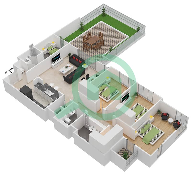 المخططات الطابقية لتصميم النموذج 1B شقة 3 غرف نوم - مدن فيوز interactive3D