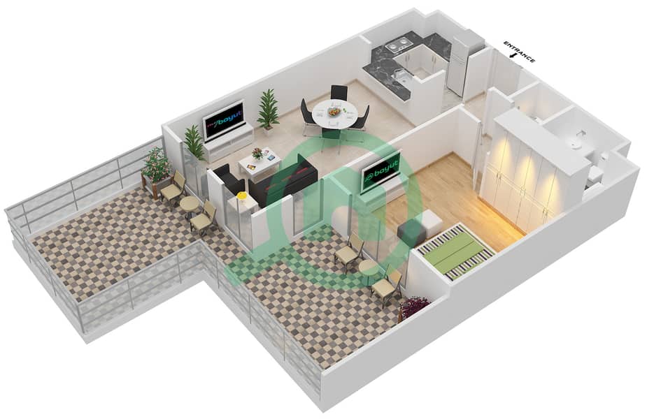 المخططات الطابقية لتصميم النموذج 1B شقة 1 غرفة نوم - مدن فيوز interactive3D