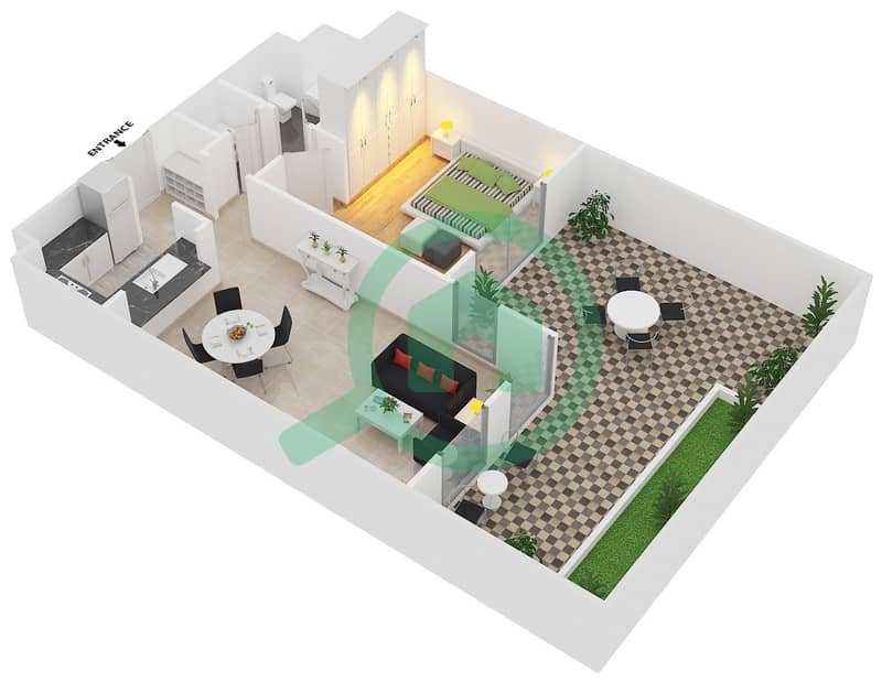 المخططات الطابقية لتصميم النموذج 1A شقة 1 غرفة نوم - مدن فيوز interactive3D