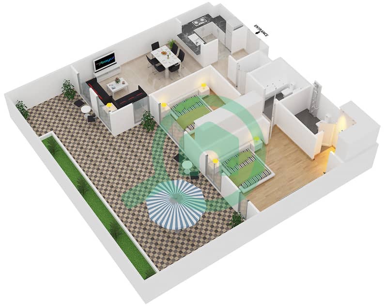 المخططات الطابقية لتصميم النموذج 1A شقة 2 غرفة نوم - مدن فيوز interactive3D