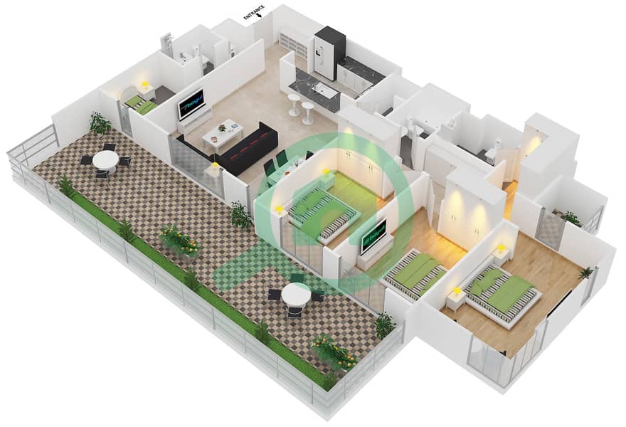 المخططات الطابقية لتصميم النموذج 1A شقة 3 غرف نوم - مدن فيوز interactive3D