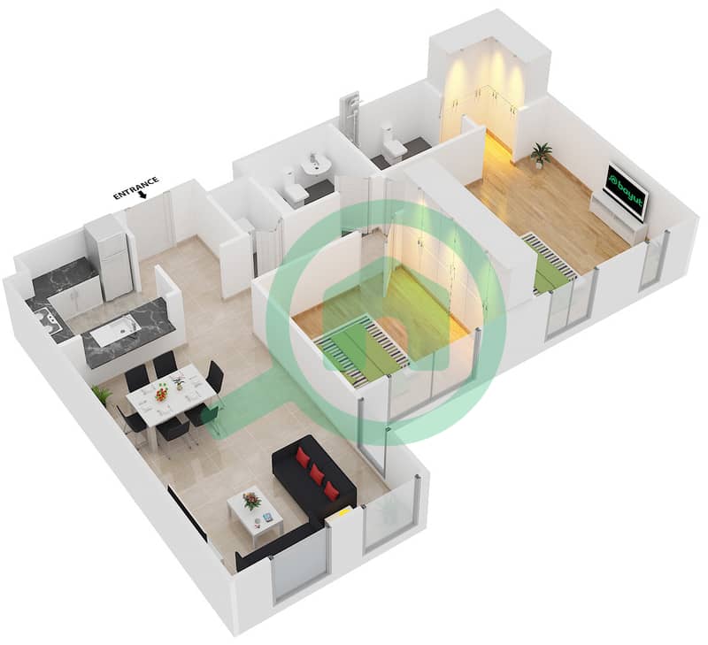 المخططات الطابقية لتصميم النموذج 1 شقة 2 غرفة نوم - مدن فيوز interactive3D