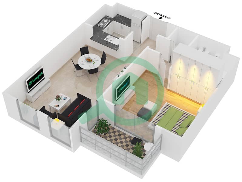 المخططات الطابقية لتصميم النموذج 1 شقة 1 غرفة نوم - مدن فيوز interactive3D