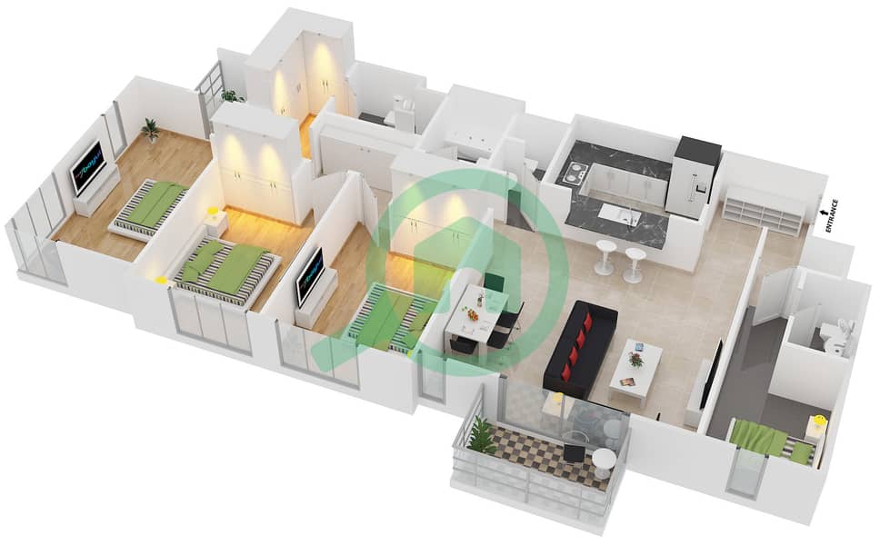 穆东城市景观社区 - 3 卧室公寓类型1戶型图 interactive3D