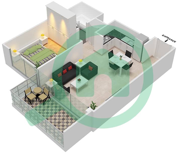 المخططات الطابقية لتصميم الوحدة 1 شقة 1 غرفة نوم - 5242 برج 1 Floor 6-26,28-33 interactive3D